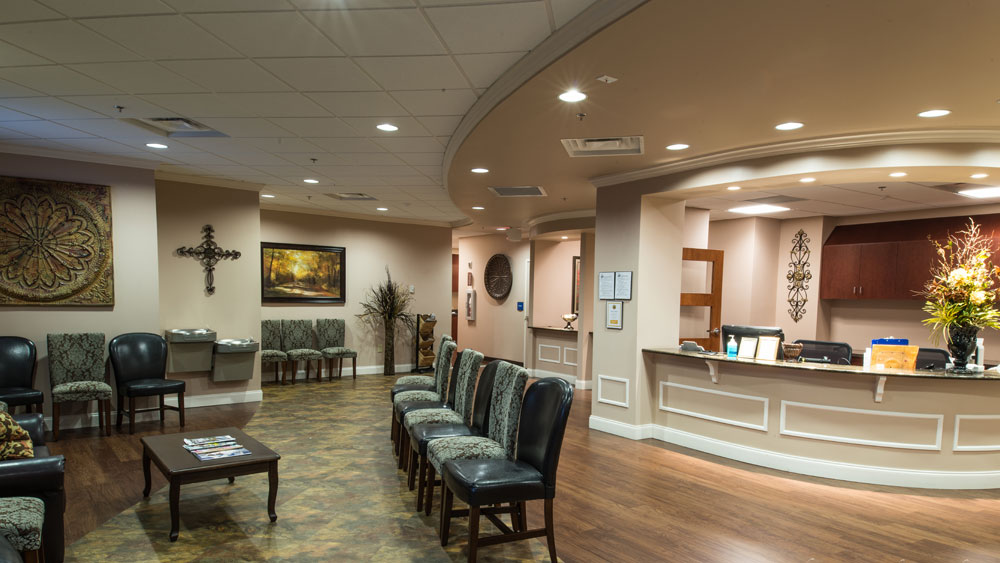 Beige and Natural Stone Patient Waiting Area at Aspen Brook Center Medical Office in Franklin, TN